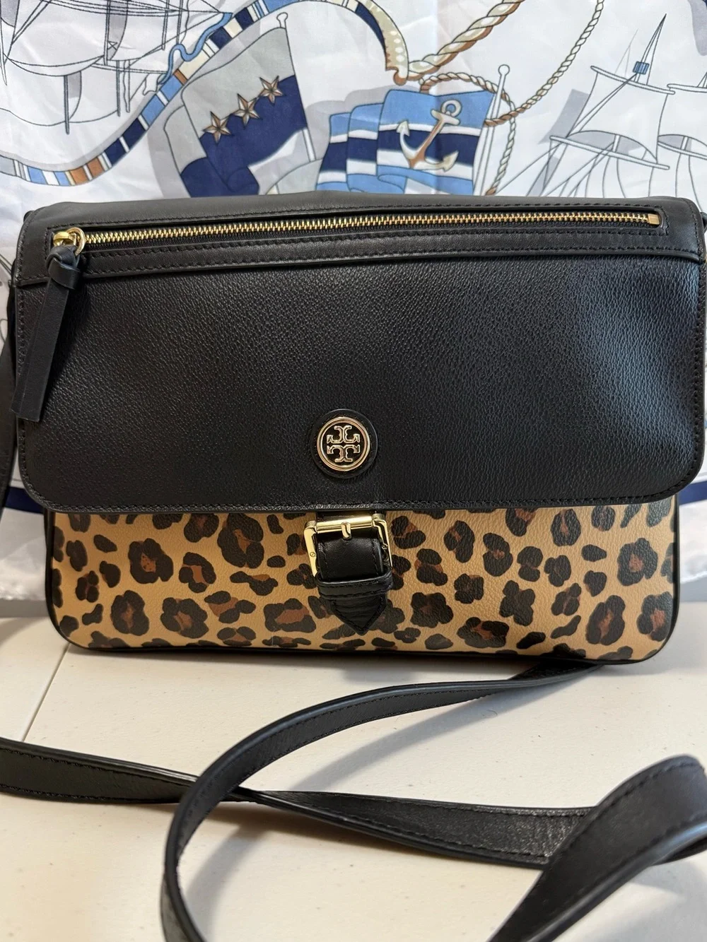 Tory Burch Black Leather Crossbody with Leopard Print Panel